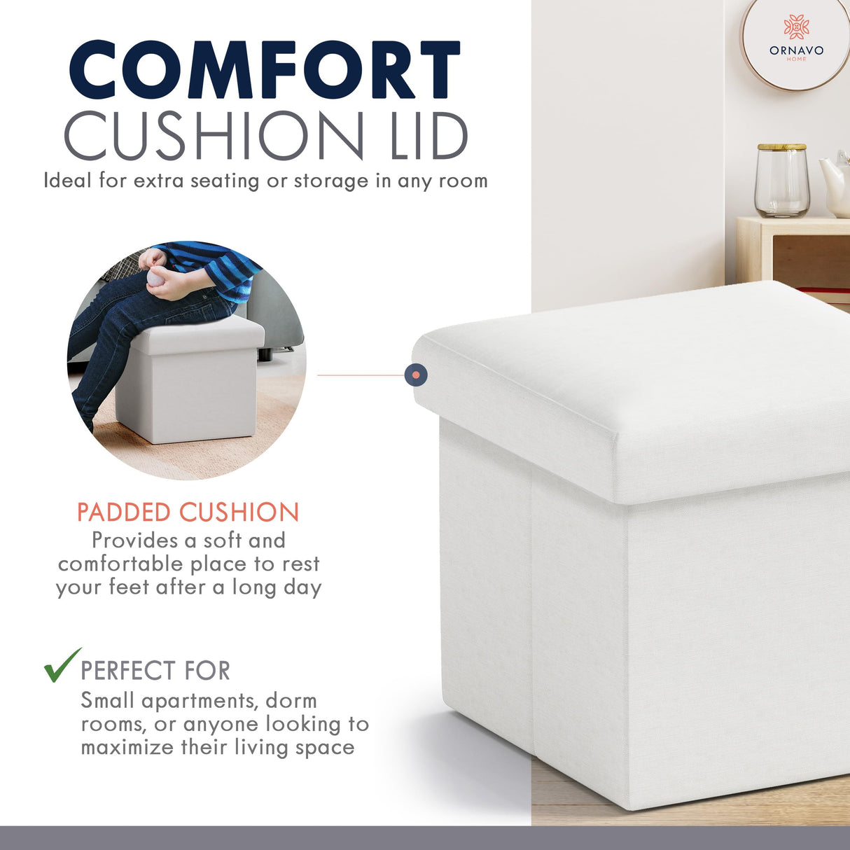 Ornavo Home Small Storage Ottoman Foldable Collapsible Cube Square Linen Ottoman Foot Rest Stool Seat, for Living Room, Bedroom, Home Office, Dorm - 12 x 12 x 12, White Ornavo Home