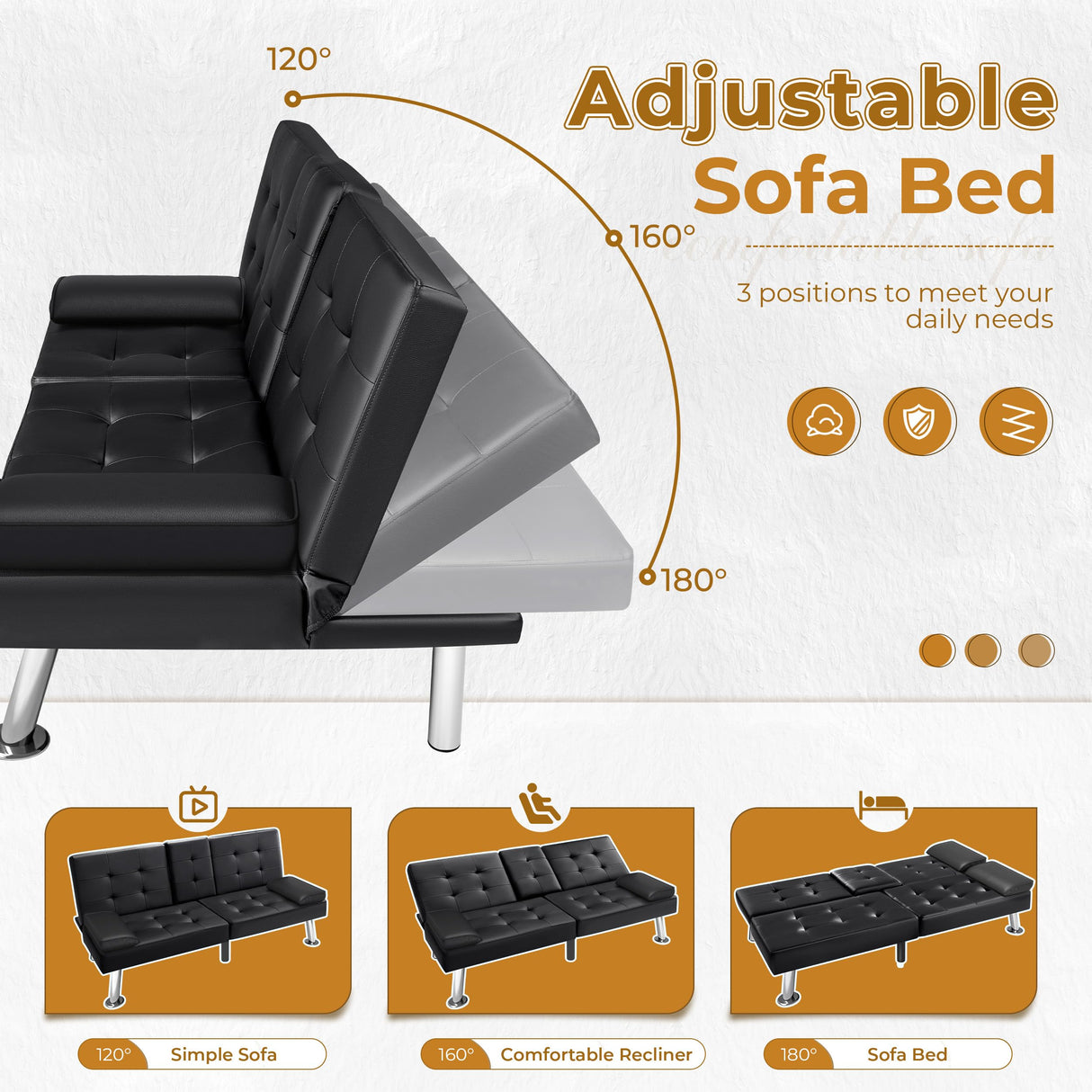 VICTONE Futon Sofa Bed Modern Faux Leather Couch Bed Convertible Folding Recliner for Living Room with 2 Cup Holders and Armrest (Black) VICTONE