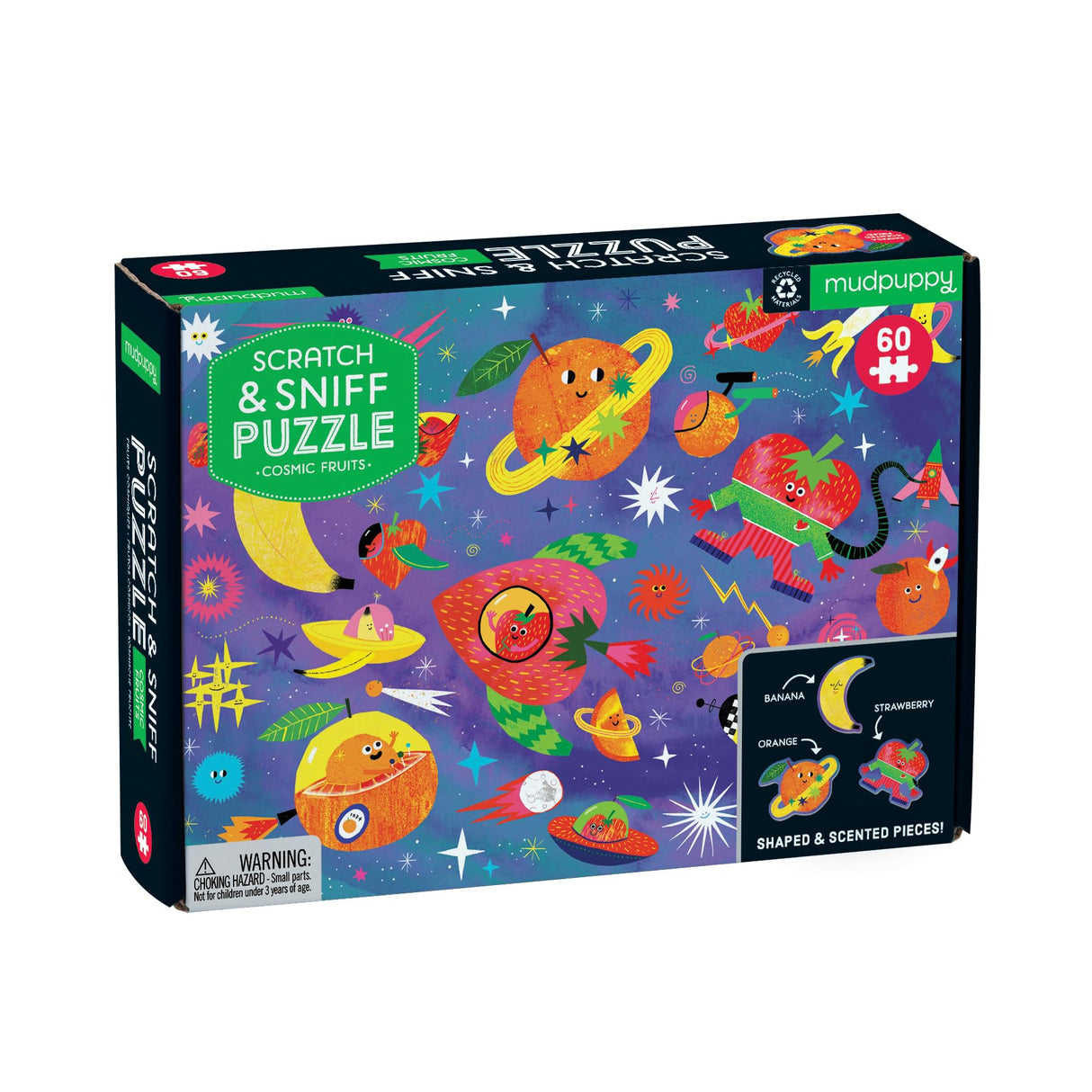 Mudpuppy Cosmic Fruits Scratch and Sniff Puzzle from Mudpuppy - 60 Piece Jigsaw Puzzle with 6 Shaped Pieces, Features Colorful Illustrations, 3 Out of This World Fruity Scents, Ages 4+ Mudpuppy