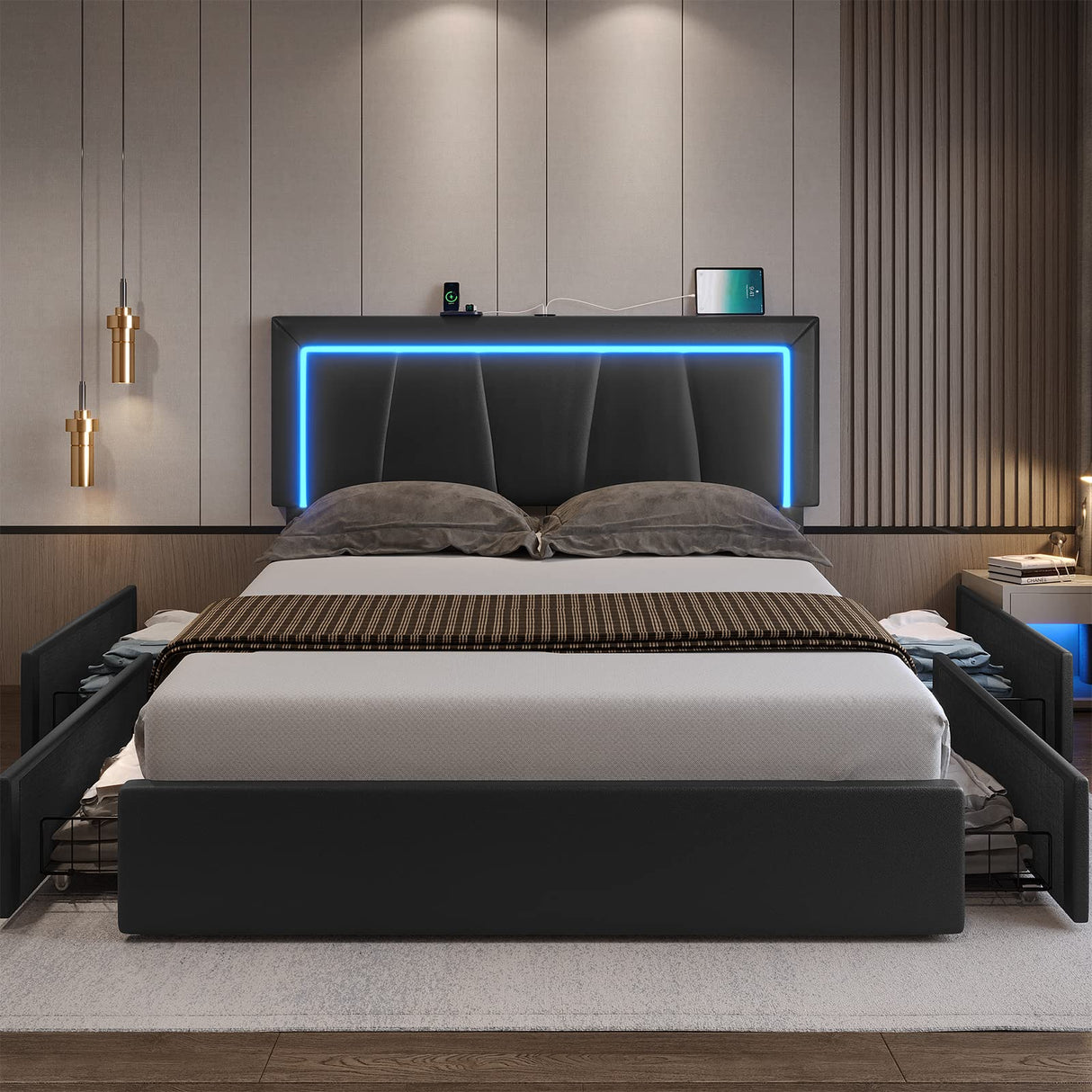 DICTAC Modern Black Faux Leather Queen LED Bed Frame with 4 Storage Drawers and USB Ports DICTAC