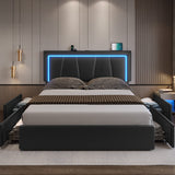 DICTAC Modern Black Faux Leather Queen LED Bed Frame with 4 Storage Drawers and USB Ports DICTAC