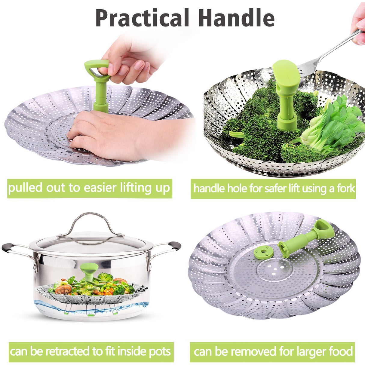 Consevisen Vegetable Steamer Basket for Cooking Food, Stainless Steel Veggie Steam Basket for Pot, Folding Expandable Steaming Insert with Extendable Handle Fits Various Size Pot, 5.1" to 9" Consevisen