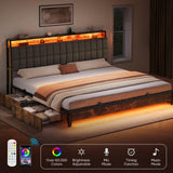 YITAHOME King Size Bed Frame with RGB LED Lights and 4 Drawers, Upholstered Platform Bed with Charging Station and Storage Headboard, No Box Spring Needed, Noise-Free, Fast Assembly, Rustic Brown YITAHOME
