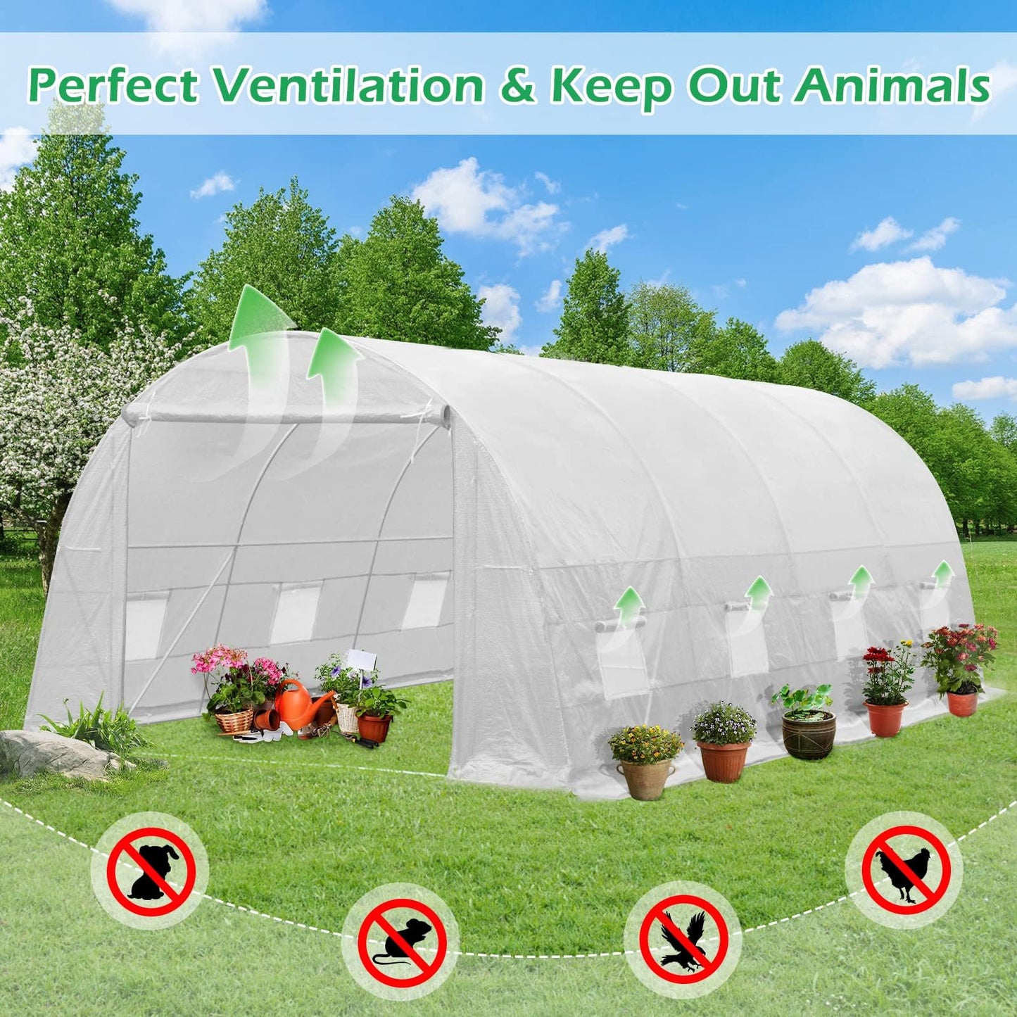 YOLENY 20' x 10' x 7' Heavy Duty Greenhouse for Outdoors,Tunnel Greenhouse with A Large Zipped Roll Up Door and 8 Roll Up Windows, White - WoodArtSupply