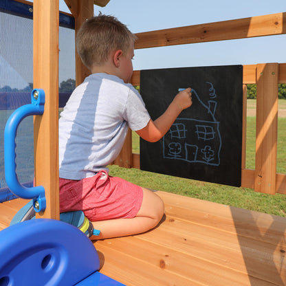 Backyard Discovery Bay Pointe All Cedar Wooden Swing Set, Large Upper Deck with Canopy, Sandbox, Rock Wall, Slide, Two Swings, Chalkboard Blue - WoodArtSupply