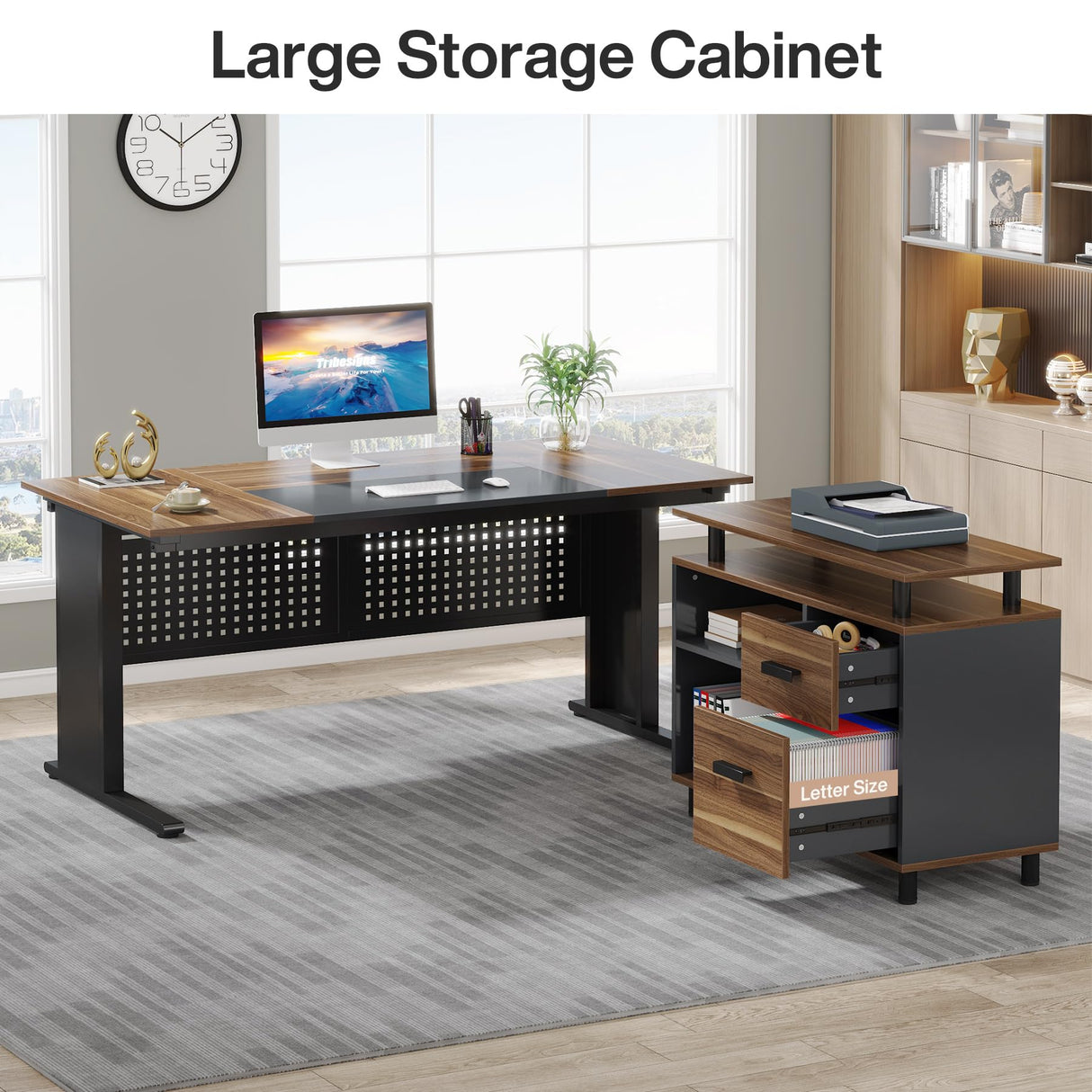 Tribesigns 63 Inch Executive Desk with File Cabinet, Large Office Desk L Shaped Computer Desk with Drawers and Storage Shelves, Business Furniture Desk Workstation for Home Office, Brown and Black Tribesigns