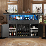 Loomie Bar Table Cabinet with LED & 3 Drawers,Liquor Bar with Adjustable Storage Shelves & Stemware Holders, Crescent Shaped Counter for Home Pub, Wine Alcohol Bar Stand with Door & Wine Rack (Black) Loomie