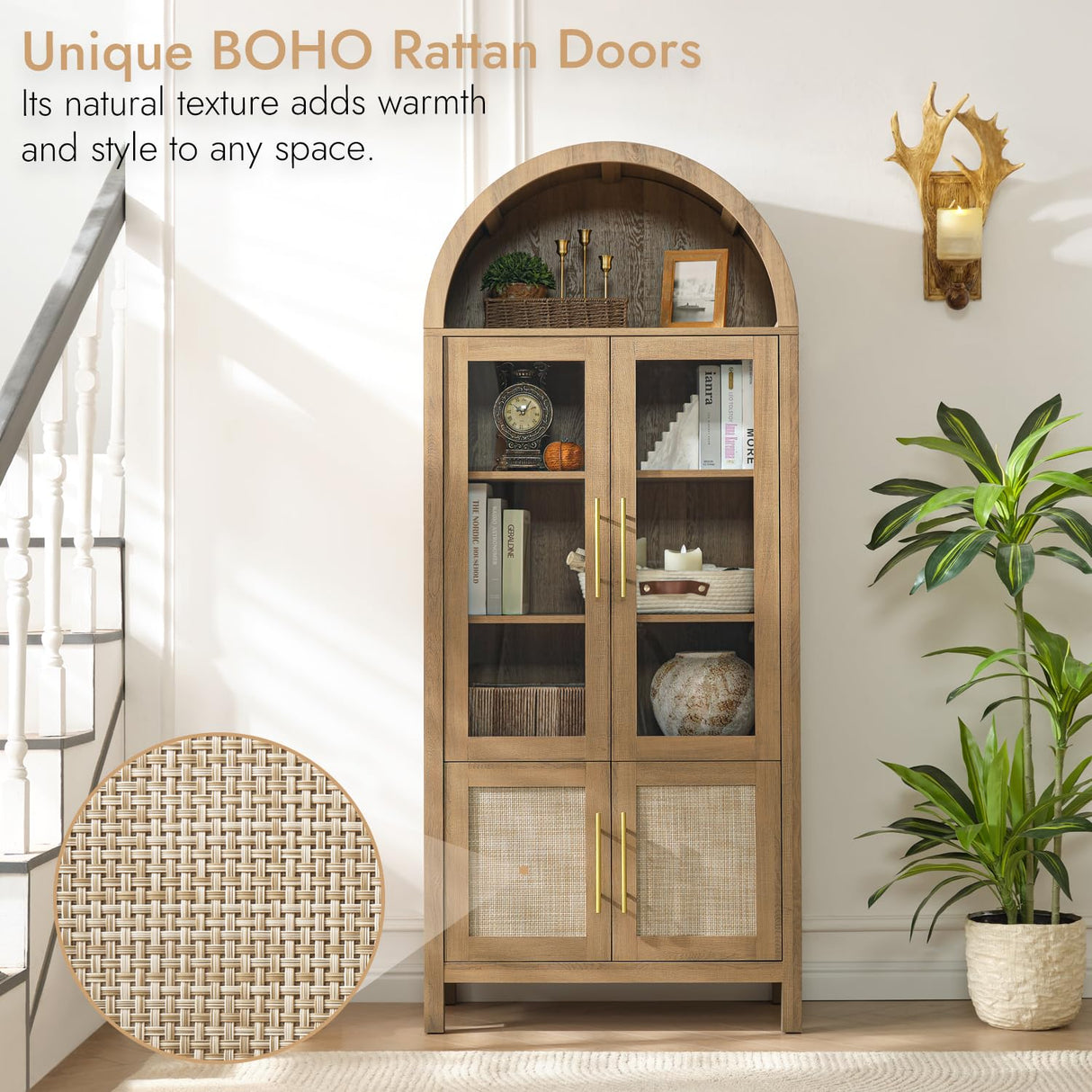 71" Tall Arched Display Cabinet, 5-Tier Bookshelf Modern Farmhouse Arched Bookcase with Glass Doors and Shelves, Wooden Pantry Storage Cabinet for Living Room, Office and Kitchen, Caramel Oak WINWY