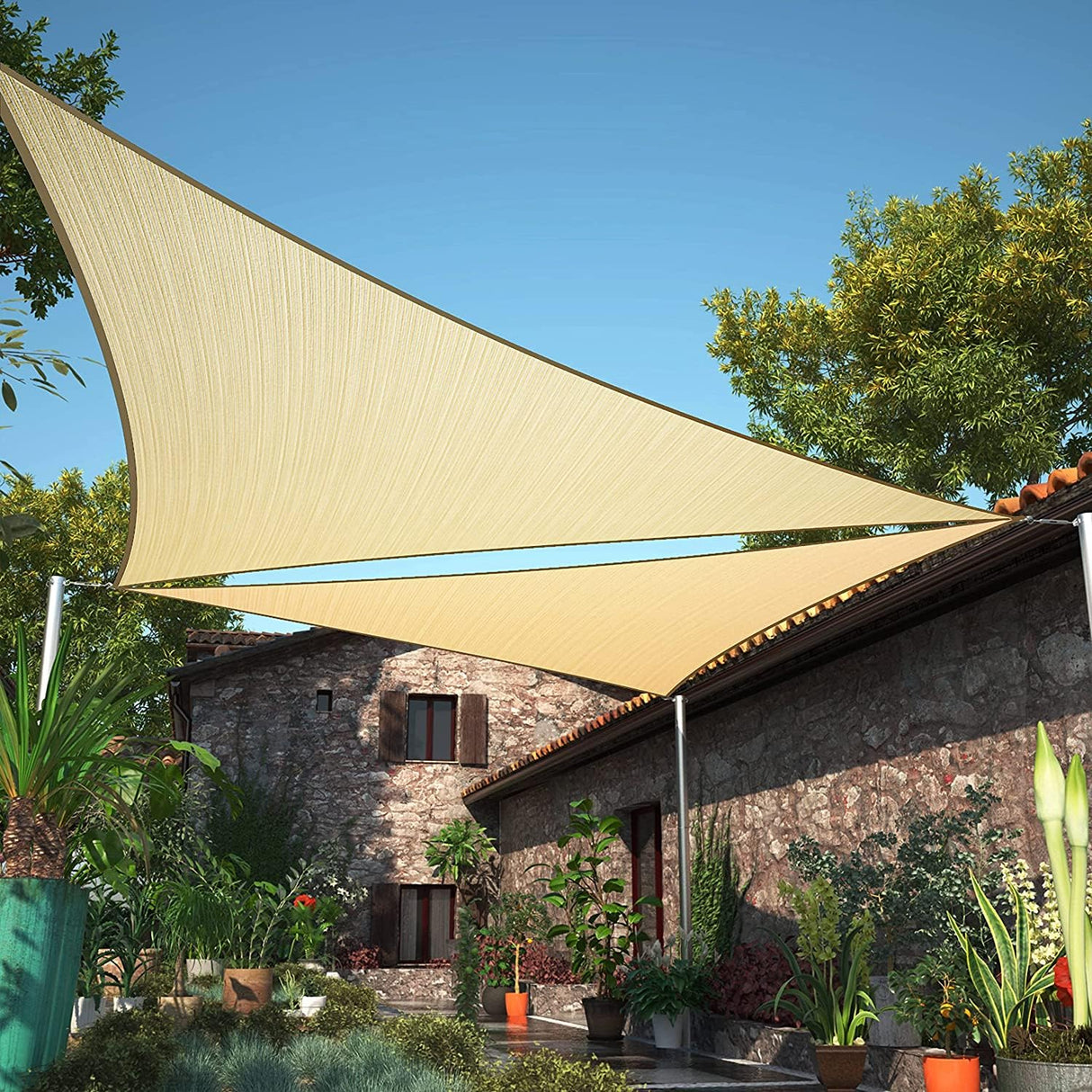 ShadeMart 10' x 10' x 10' Beige Sun Shade Sail Triangle Canopy Cloth Fabric Screen, Water Air Permeable & UV Resistant, Heavy Duty, Carport Patio Outdoor - (We Customize Size) SMSLT ShadeMart