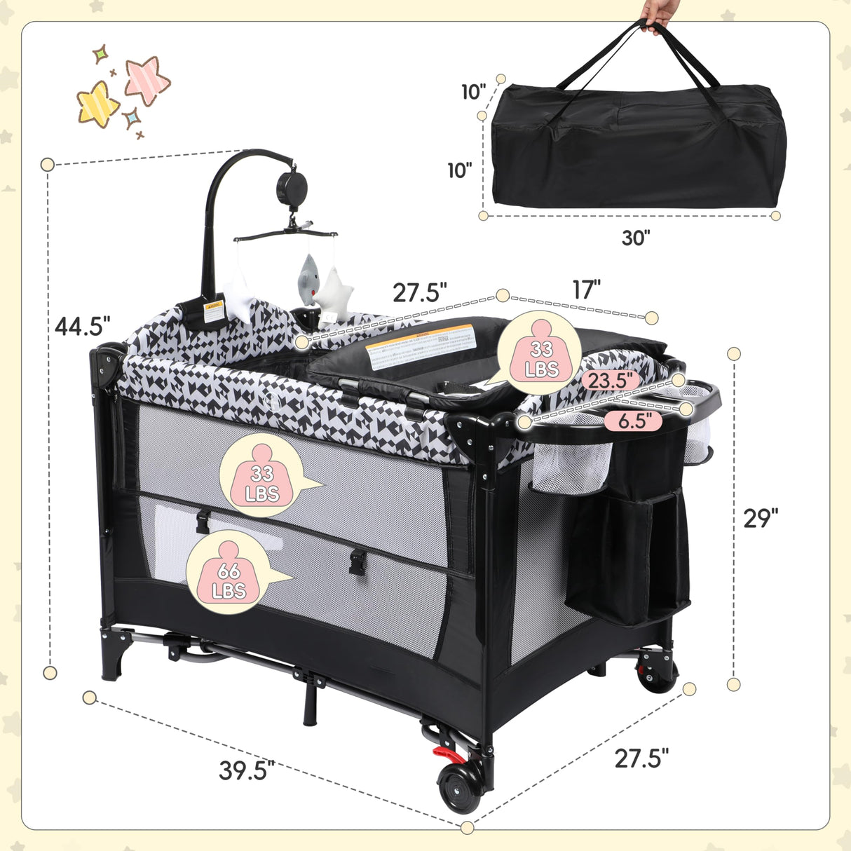 Xilingol 5-in-1 Baby Bassinet Bedside Sleeper, Baby Pack and Play with Changing Table, Portable Baby Crib with Carry Bag, Cosleeper Bassinet Attach to Bed for Newborn to Toddlers Xilingol