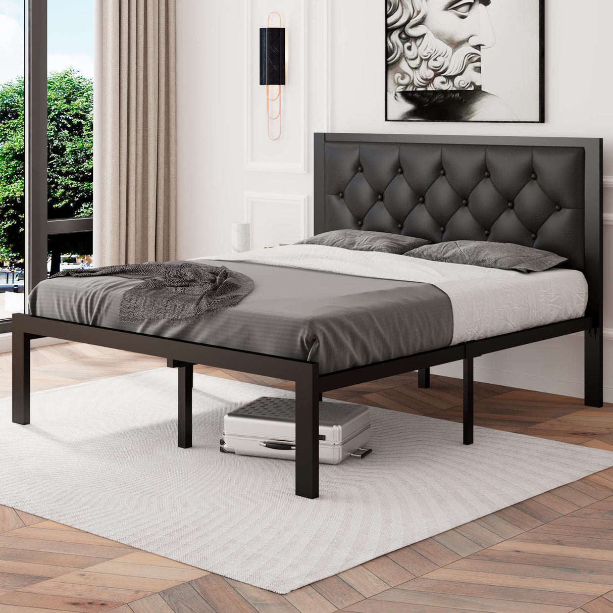 Feonase Full Size Metal Bed Frame with Faux Leather Button Tufted Headboard, Heavy-Duty Platform Bed Frame with 12" Storage, Steel Slats Support, No Box Spring Needed, Noise Free, Black Feonase