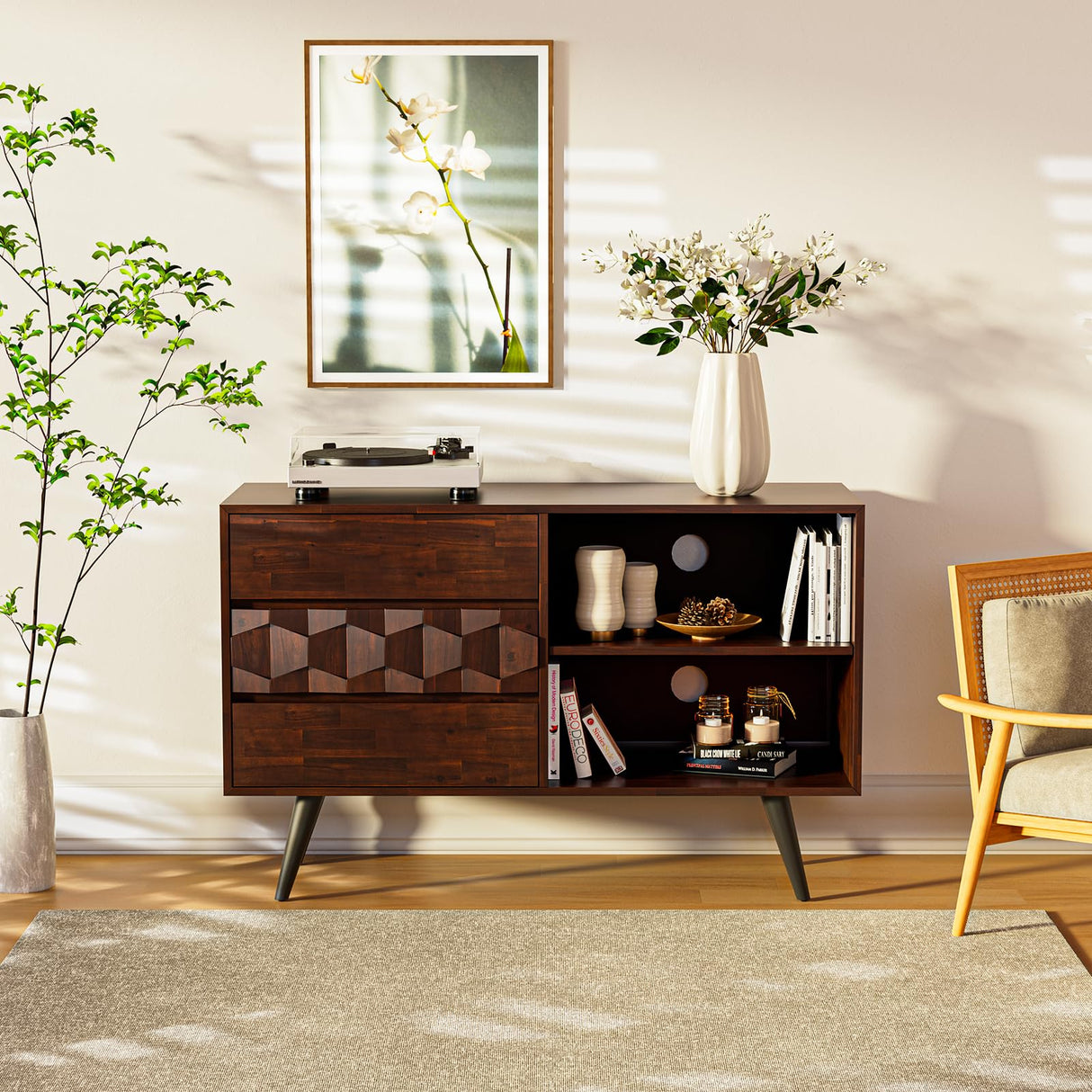 Bme Georgina 45 Inch Solid Wood TV Stand, Under 10 Minutes Assembly Entertainment Center with Storage, Geometric Pattern TV Console for Living Room, Bedroom, Dinning Room - Walnut Bme