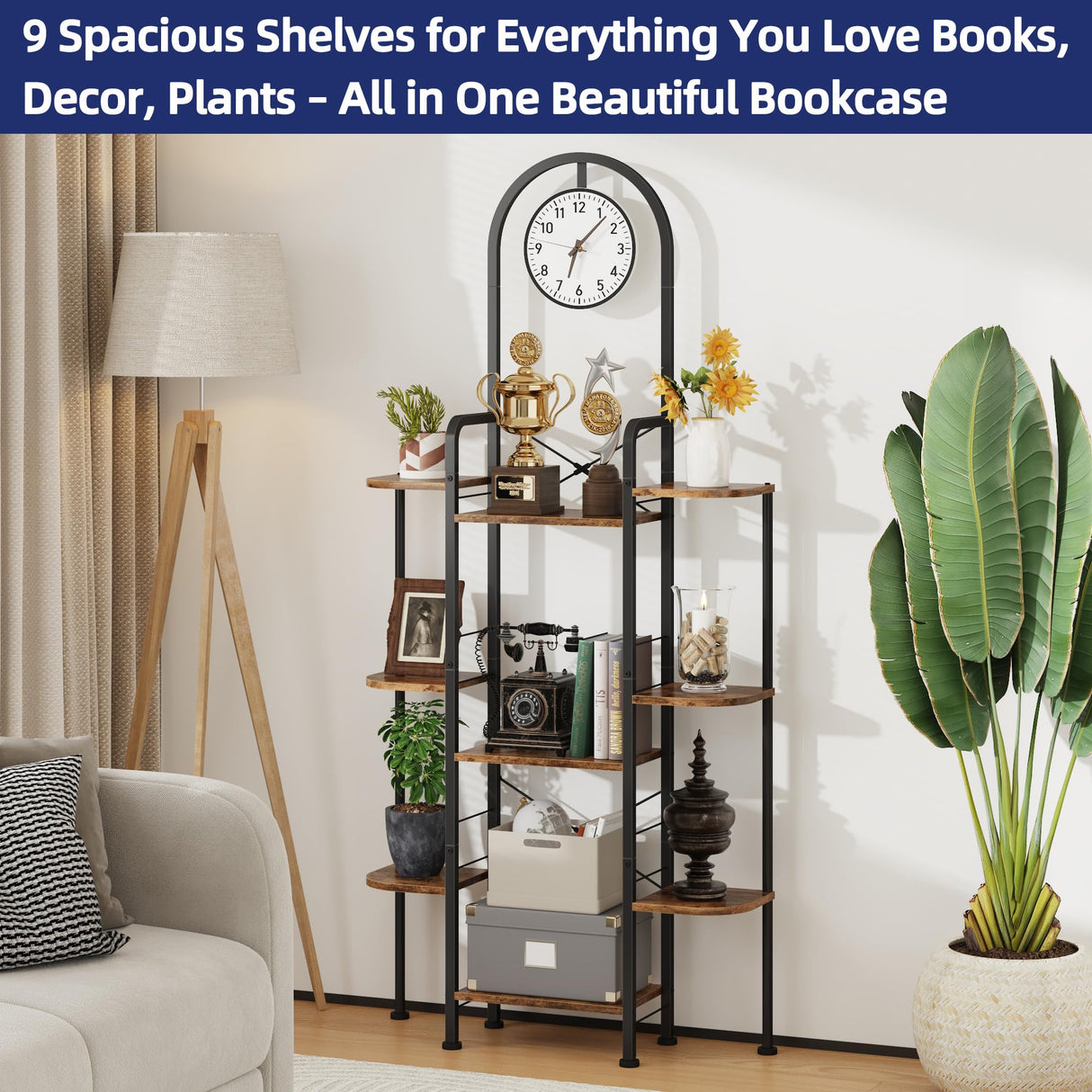 HIGDBFE Bookshelf with Wall Clock, Triple Bookcase with Open Display Shelves, Industrial Style Book Shelves, Modern Display Shelf for Living Room, Bedroom, Home Office, Rustic Brown HIGDBFE