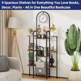 HIGDBFE Bookshelf with Wall Clock, Triple Bookcase with Open Display Shelves, Industrial Style Book Shelves, Modern Display Shelf for Living Room, Bedroom, Home Office, Rustic Brown HIGDBFE