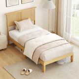 KOMFOTT Twin Size Wood Platform Bed Frame with Rattan Headboard, Boho Rubber Wood Bed Frame with Plywood Slats & Under-Bed Storage, Platform Bed Frame, Mattress Foundation, No Box Spring Needed KOMFOTT
