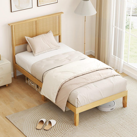 KOMFOTT Twin Size Wood Platform Bed Frame with Rattan Headboard, Boho Rubber Wood Bed Frame with Plywood Slats & Under-Bed Storage, Platform Bed Frame, Mattress Foundation, No Box Spring Needed KOMFOTT
