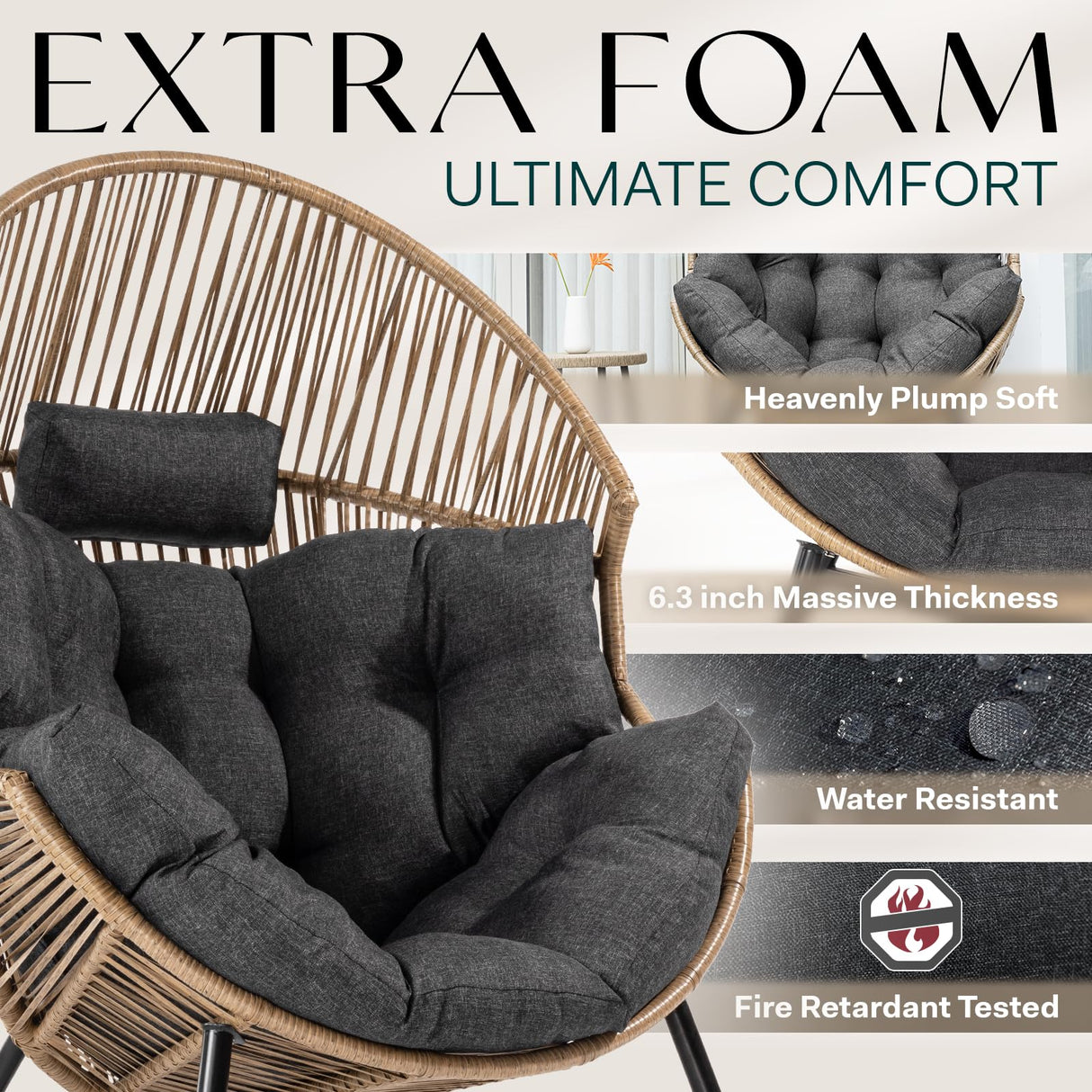 Bme Heavy Duty 500 Lbs Capacity Wicker Egg Chair for Outside & Indoor, UV 2000 Hours Material with Flame Retardant Tested Cushion, Durable Against Water, Weather, Brown Base Bme