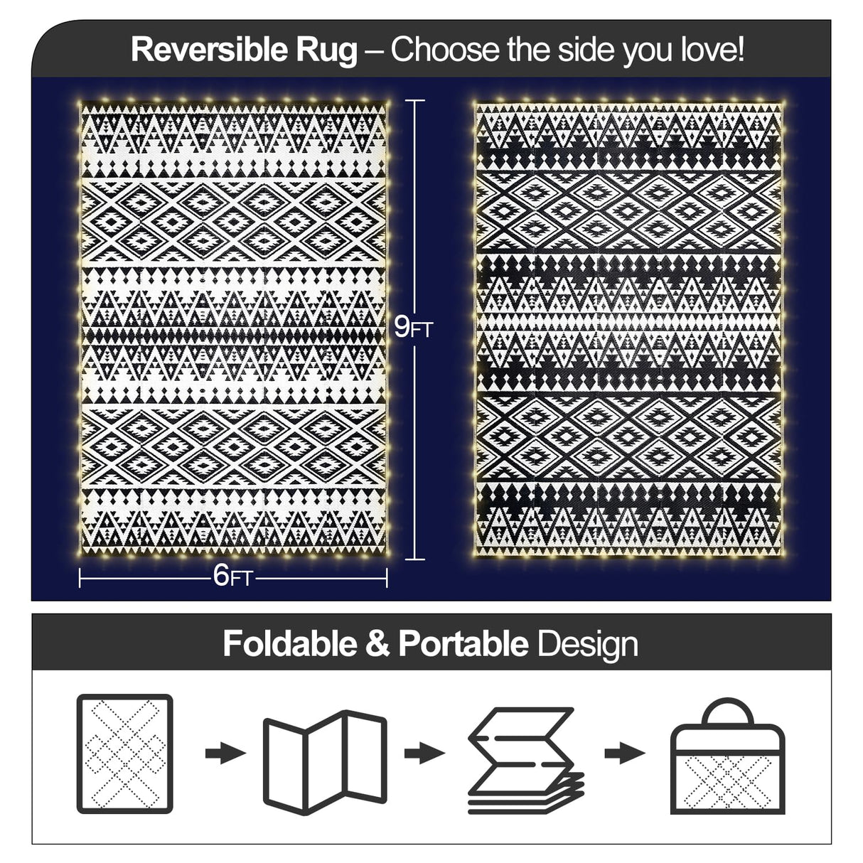 6x9ft Waterproof Outdoor Rug with LED Lights, Bohemia Reversible Plastic Straw Mat for Patio RV Camping Picnic Balcony Beach Deck Indoor Outdoor Carpet, Black&White DiiKoo