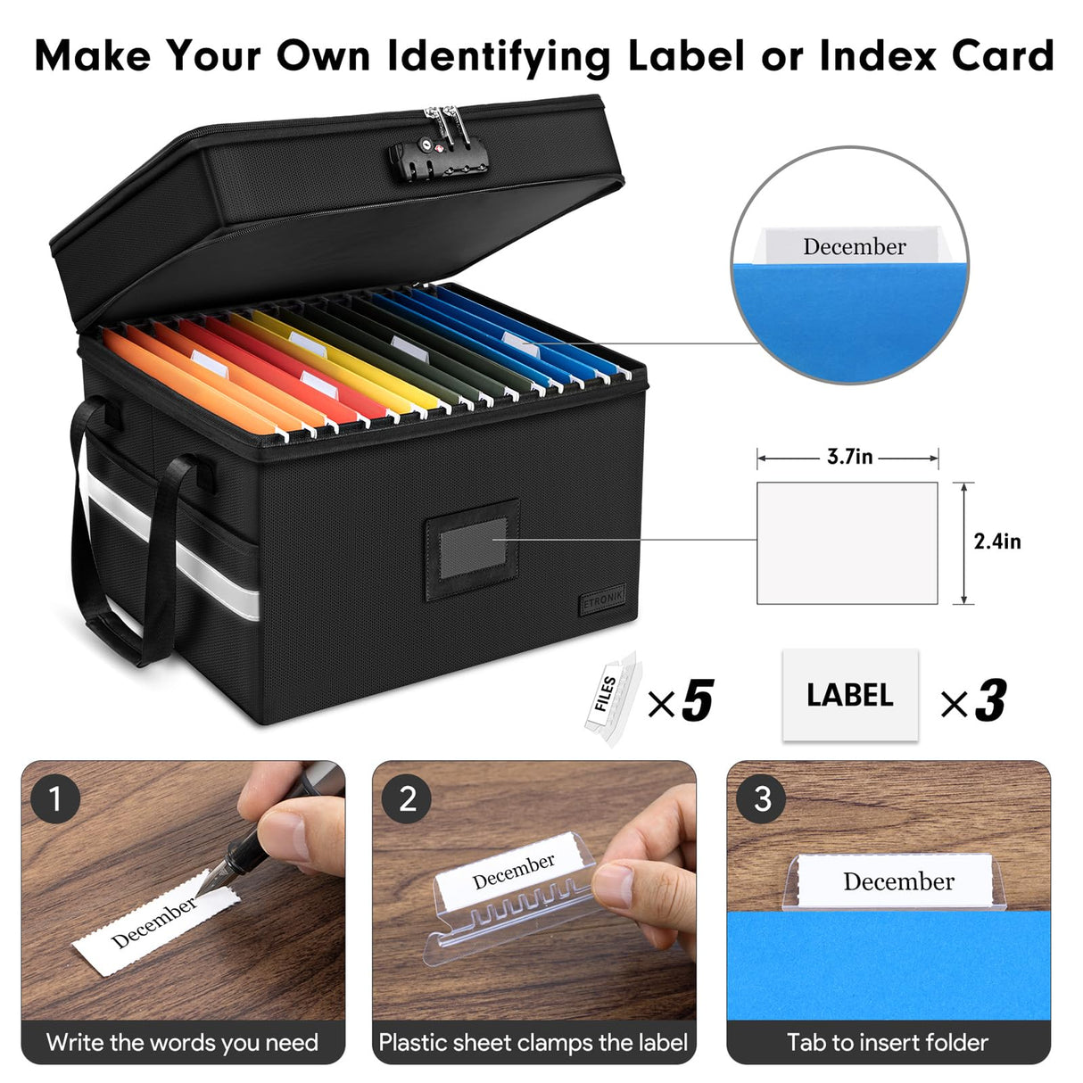 Fireproof Document Box with Lock, ETRONIK 2 Layer File Organizer with 5 Tab Inserts, Portable Office Collapsible File Storage with Reflective Strip for Hanging Letter, Legal Size Folder, Certificate ETRONIK