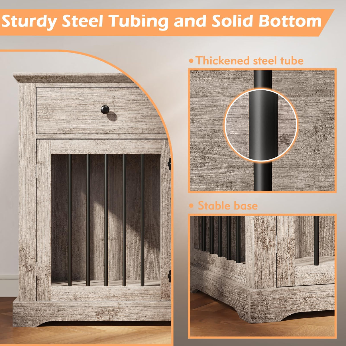 Dog Crate Furniture, 44 Inch Wooden Dog Kennel Furniture Indoor with 2 Storage Drawers, Heavy Duty Large Dogs Crate Furniture, Cage & House Furniture for Small Medium Large Dogs, Grey VENDORZ