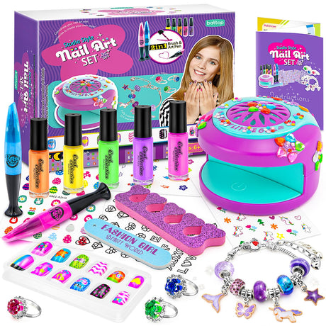 BATTOP Kids Nail Polish Set for Girls - Kids Nail Art Kit with Dryer & Fake Nail & Sticker & Water Based Nail Polish & Nail Art Pen - Idea Gifts for Girls Ages 6 7 8 9 10 11 12 BATTOP
