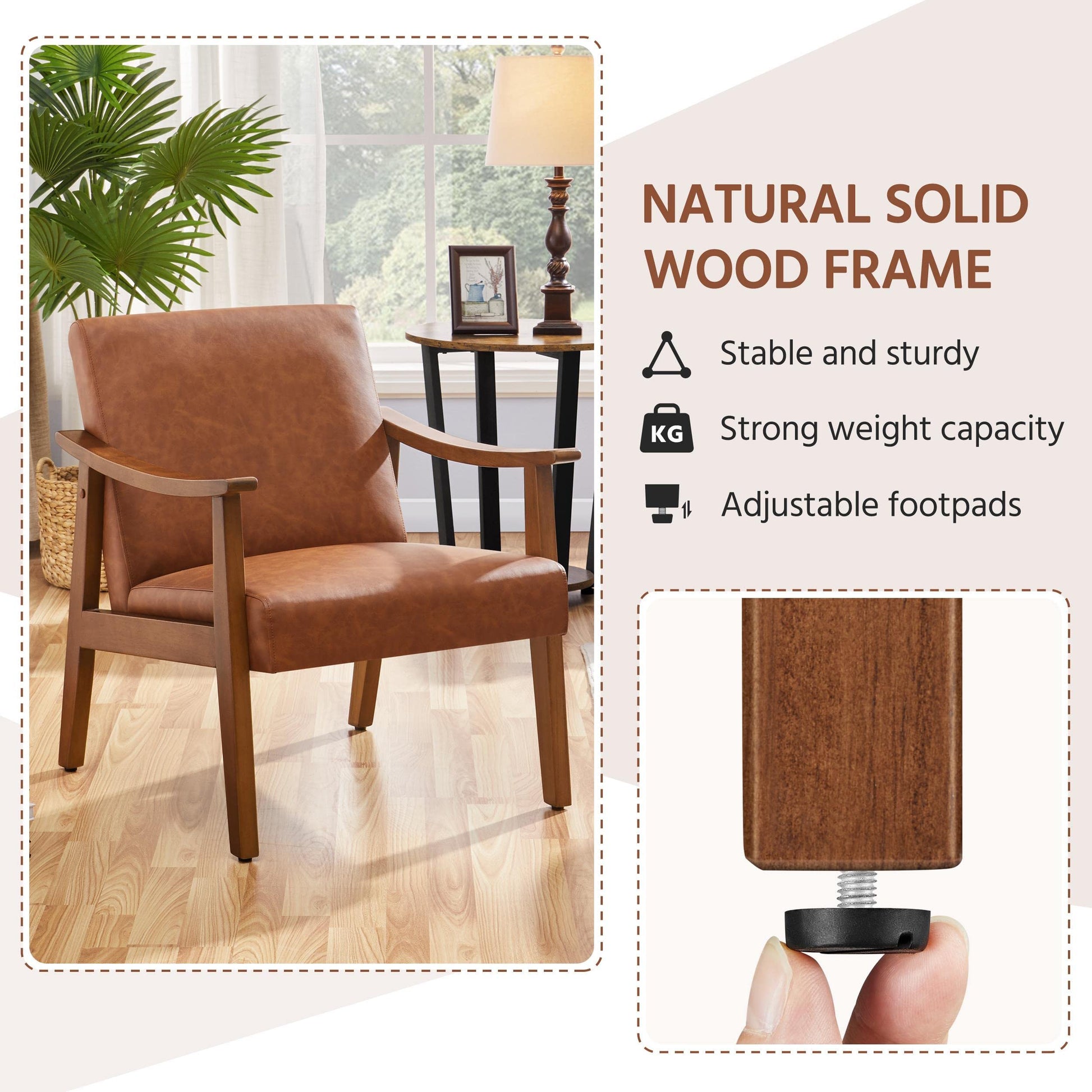 Yaheetech PU Leather Accent Chair, Mid-Century Modern Armchair with Solid Wood Legs, Reading Leisure Chair with High Back for Living Room Bedroom Waiting Room, Light Brown - WoodArtSupply