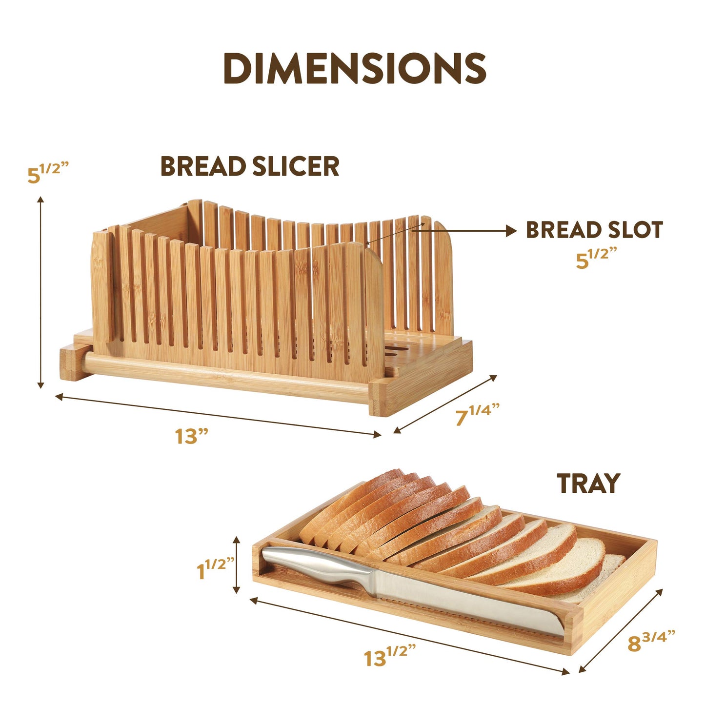 Bambüsi Personalized Bamboo Bread Slicer with Knife - 3 Slice Thickness, Foldable Compact Cutting Guide with Crumb Tray, Stainless Steel Bread Knife for Homemade Bread, Cake, Bagels - WoodArtSupply