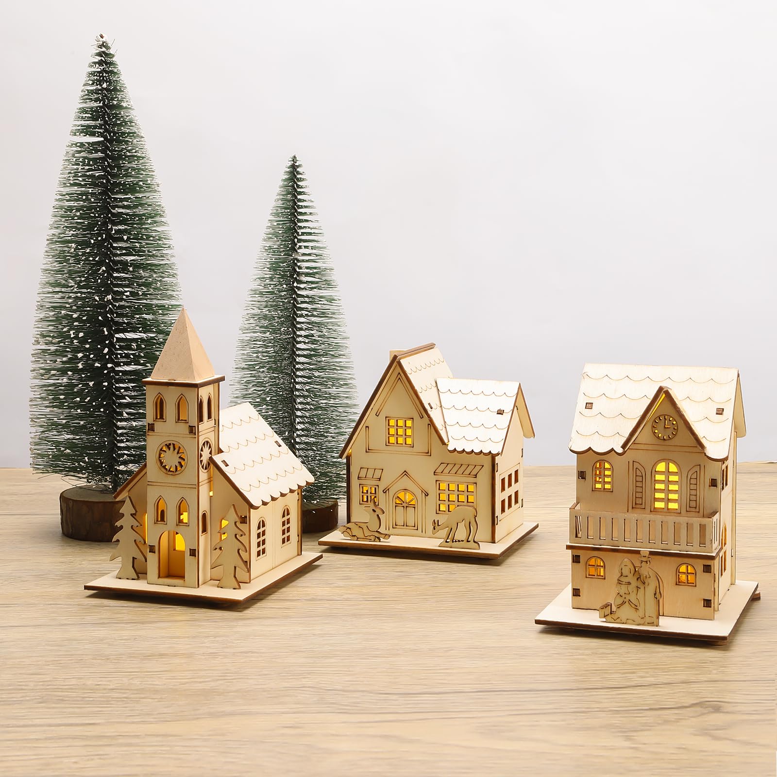 Junger 3-Pieces LED Christmas Village Houses Set Christmas Wooden DIY Unfinished Puzzle Christmas Luminous House Decoration Santa Claus Festival Decoration Wooden Crafts Home Desktop Decorati - WoodArtSupply