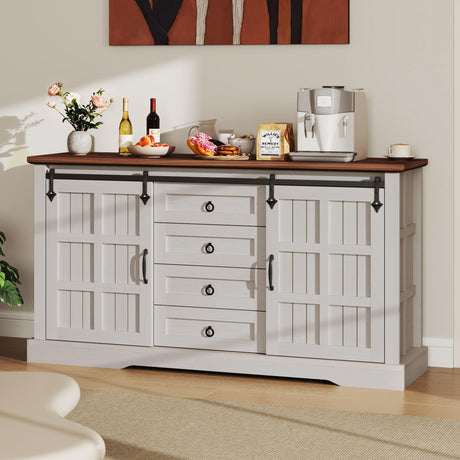 YITAHOME Farmhouse Buffet Cabinet with Storage, 59" Sideboard Cabinet w/Sliding Barn Doors and 4 Drawers, Kitchen Cabinets for Living Room, White Oak YITAHOME