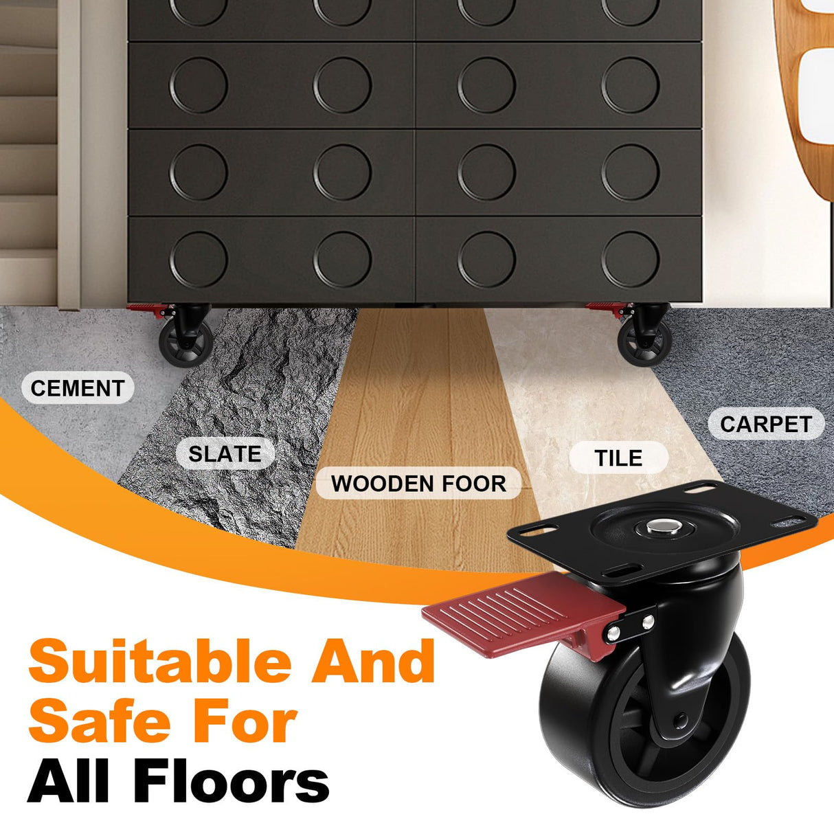 3” Furniture Casters Wheels Heavy Duty - Load 1200lbs，Plate Caster with Brakes，Glide Quietly and Protect Floor，360° Swivel Casters Set of 4 for Cart, Table and Workbench Apllamo