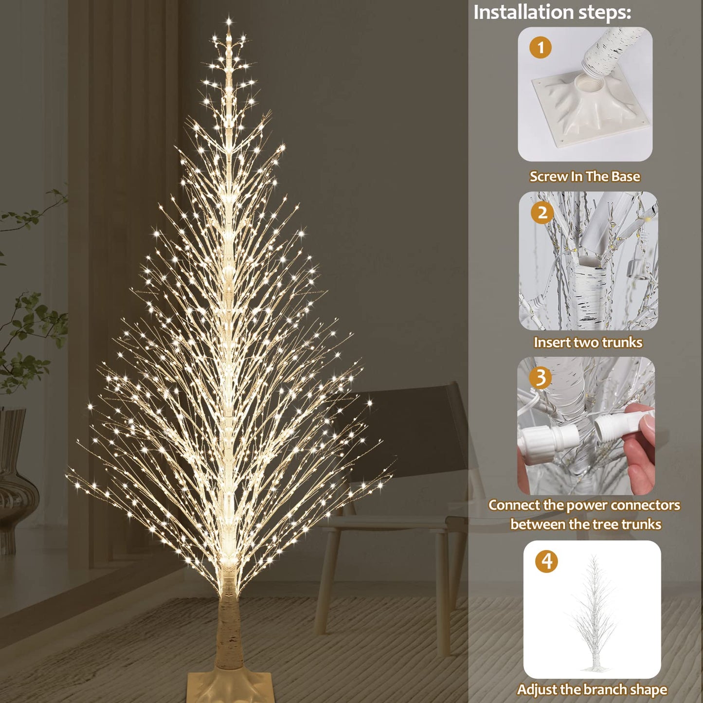 IJG 7FT Lighted Birch Tree 1000 LED Warm White Lights with Twinkle Lights，LED Artificial Tree Light for Indoor Outdoor Home Festival Wedding Party Christmas Decorations