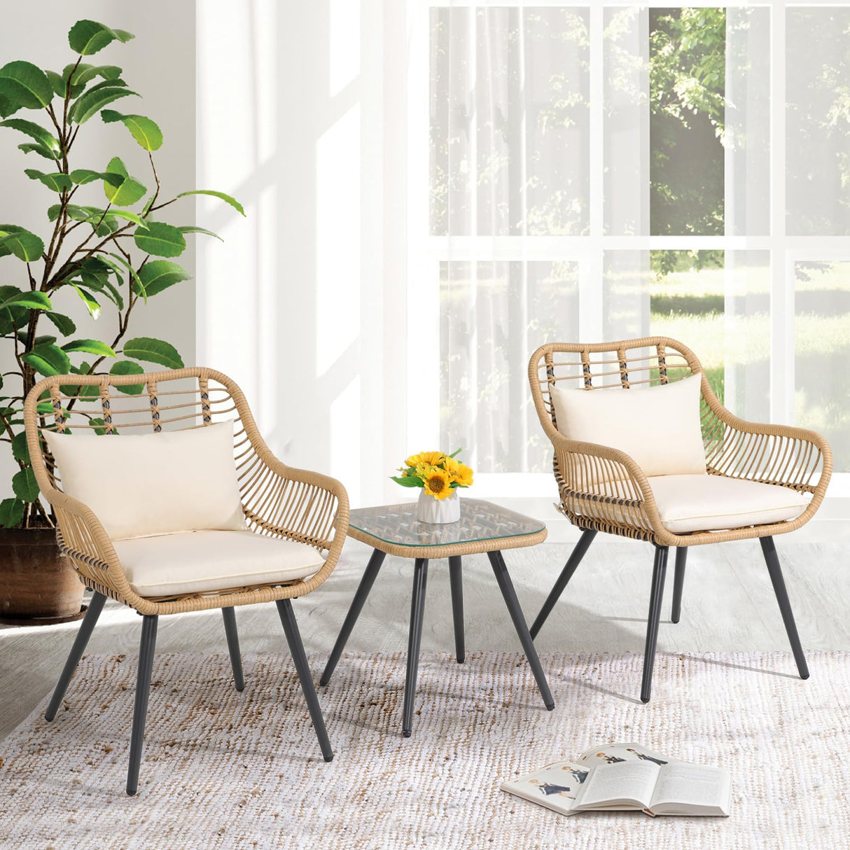 JOIVI 3 Piece Outdoor Wicker Conversation Bistro Set, Patio Furniture Rattan Chairs and Square Side Table Set for Porch, Balcony, Poolside, Yard, White Cushion JOIVI