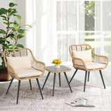 JOIVI 3 Piece Outdoor Wicker Conversation Bistro Set, Patio Furniture Rattan Chairs and Square Side Table Set for Porch, Balcony, Poolside, Yard, White Cushion JOIVI