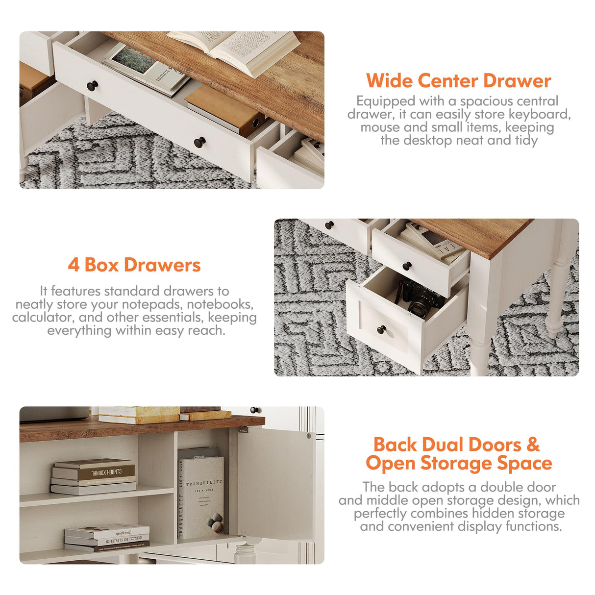 WAMAPT Farmhouse Executive Desk with 5 Drawers, Home Office Desk with Charging Station, Wood Computer Desk with File Cabinet Storage, Door, Open Shelf for Work and Study, White, 55 inch WAMPAT