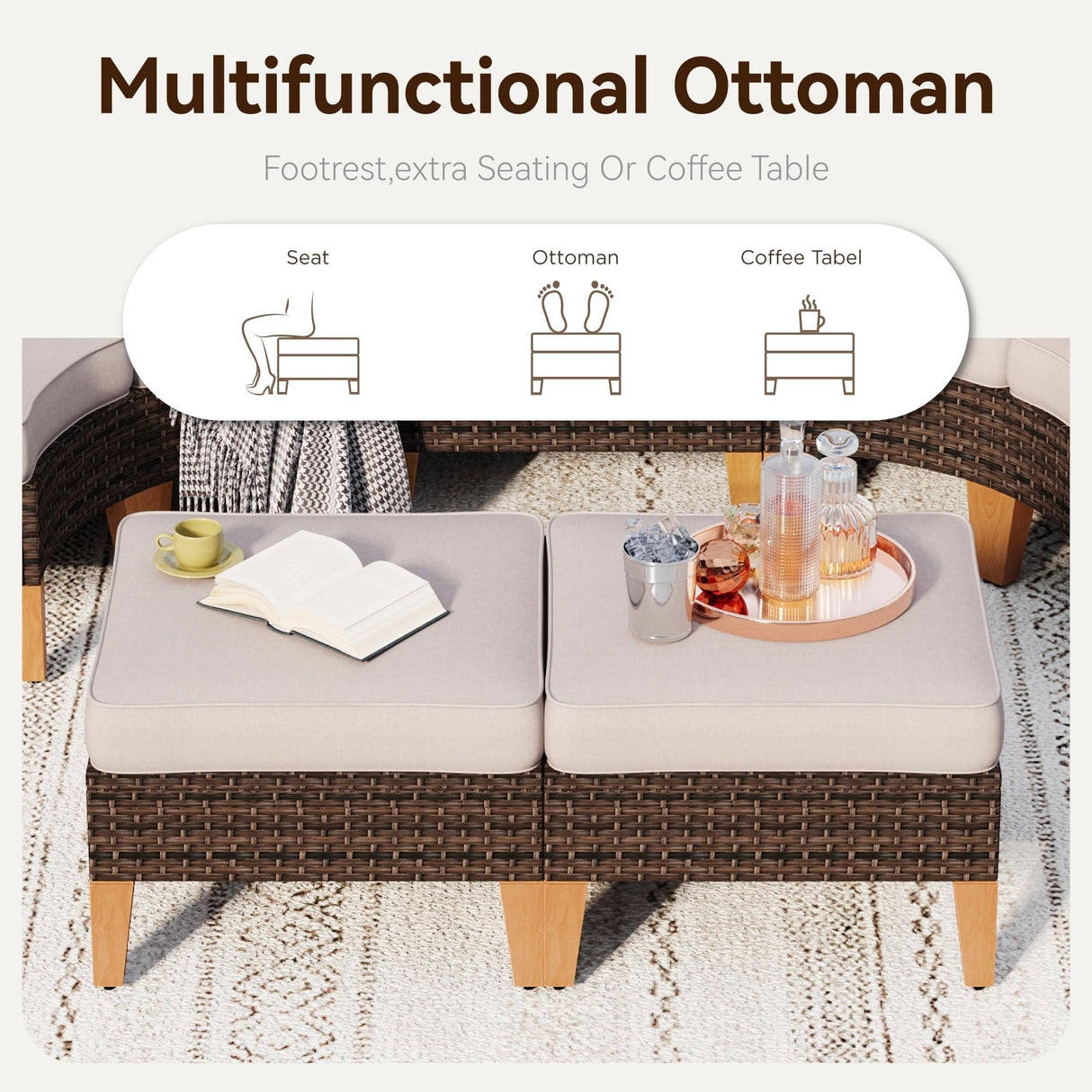 GREEN PARTY 7 Pieces Wicker Patio Furniture Set, All-Weather Outdoor Rattan Patio Sectional Sofa Conversation Set 7 Seats with 4" Thick Cushions for Garden, Backyard, 2 x Ottomans GREEN PARTY