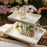 Hanobe Farmhouse Tiered Tray Stand: Rustic White Wood 2 Tier Serving Tray Decor Two Rectangle Wooden for Kitchen Counter Centerpieces Coffee Bar Easter Fall Halloween Thanksgiving Christma Hanobe