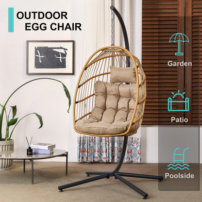 SWITTE Egg Chair Outdoor Indoor with Stand, Hanging Egg Swing Chair with Stand, Wicker Egg Chair with Cushion 350lbs Capacity for Patio(Cream) - WoodArtSupply