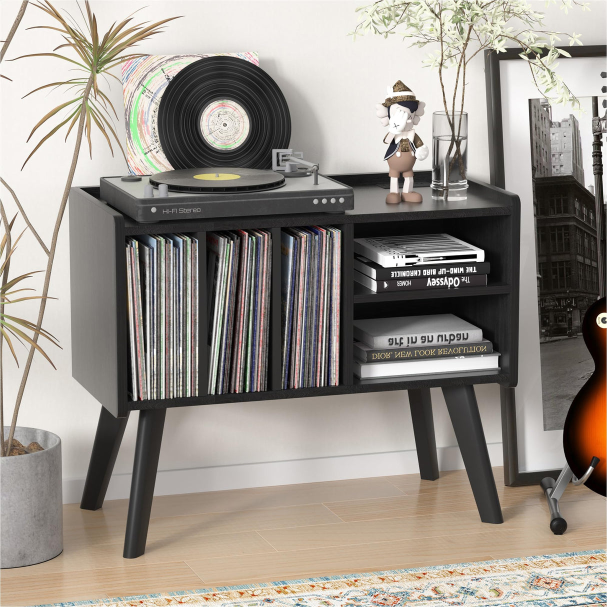 Forevich Record Player Stand Table with Vinyl Storage Holder Large Turntable Record Stand with Power Outlet Holds Up to 220 Albums Display Shelf Cabinet with Wood Legs for Living Room Black Forevich