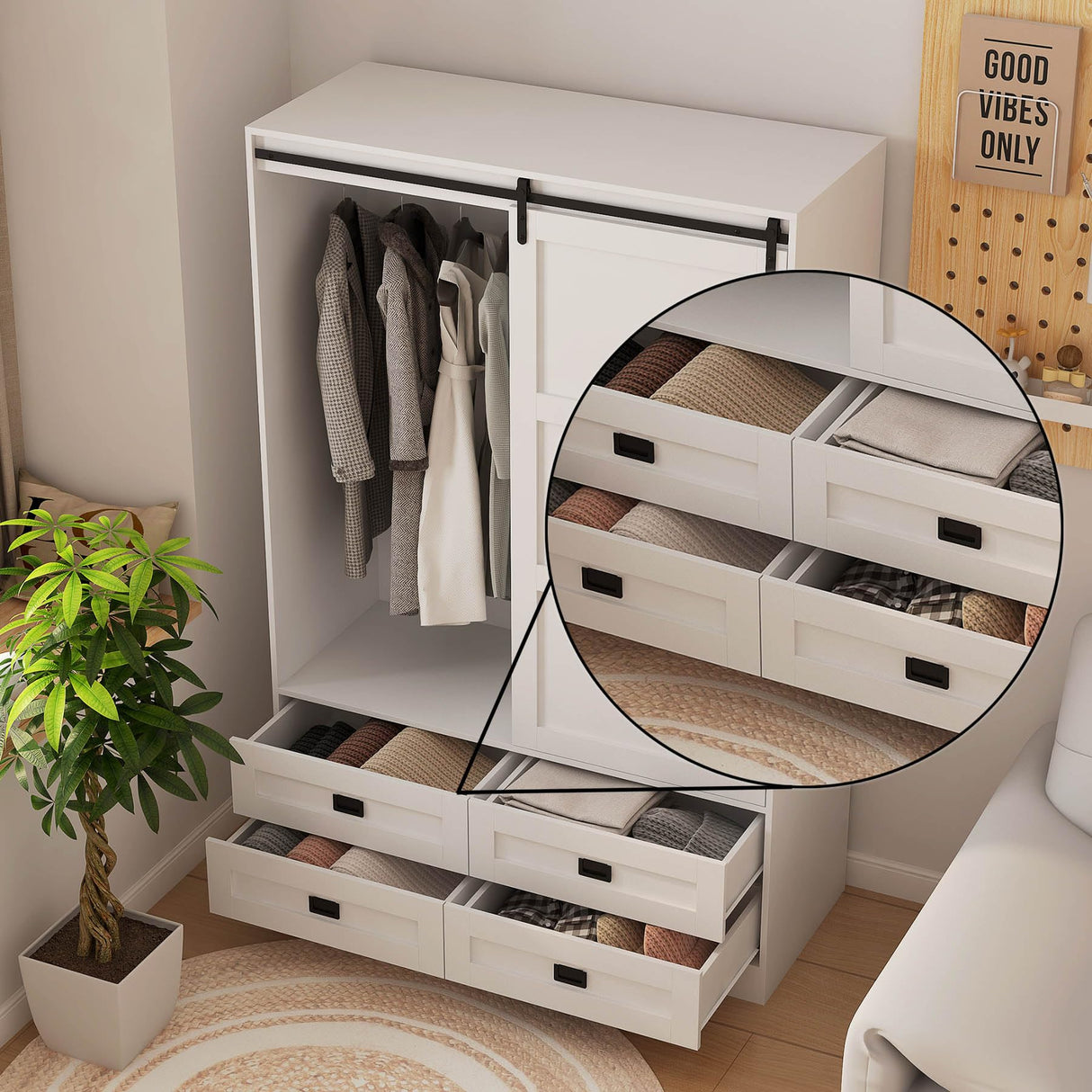 Wardrobe Closet with Doors, 71" Tall Bedroom Armoire, Wooden Closet with Doors and Drawer, Large Capacity Freestanding Wardrobe Closet with Hanging Rod and Shelves, Anti-Dumping Design, White RIDFY