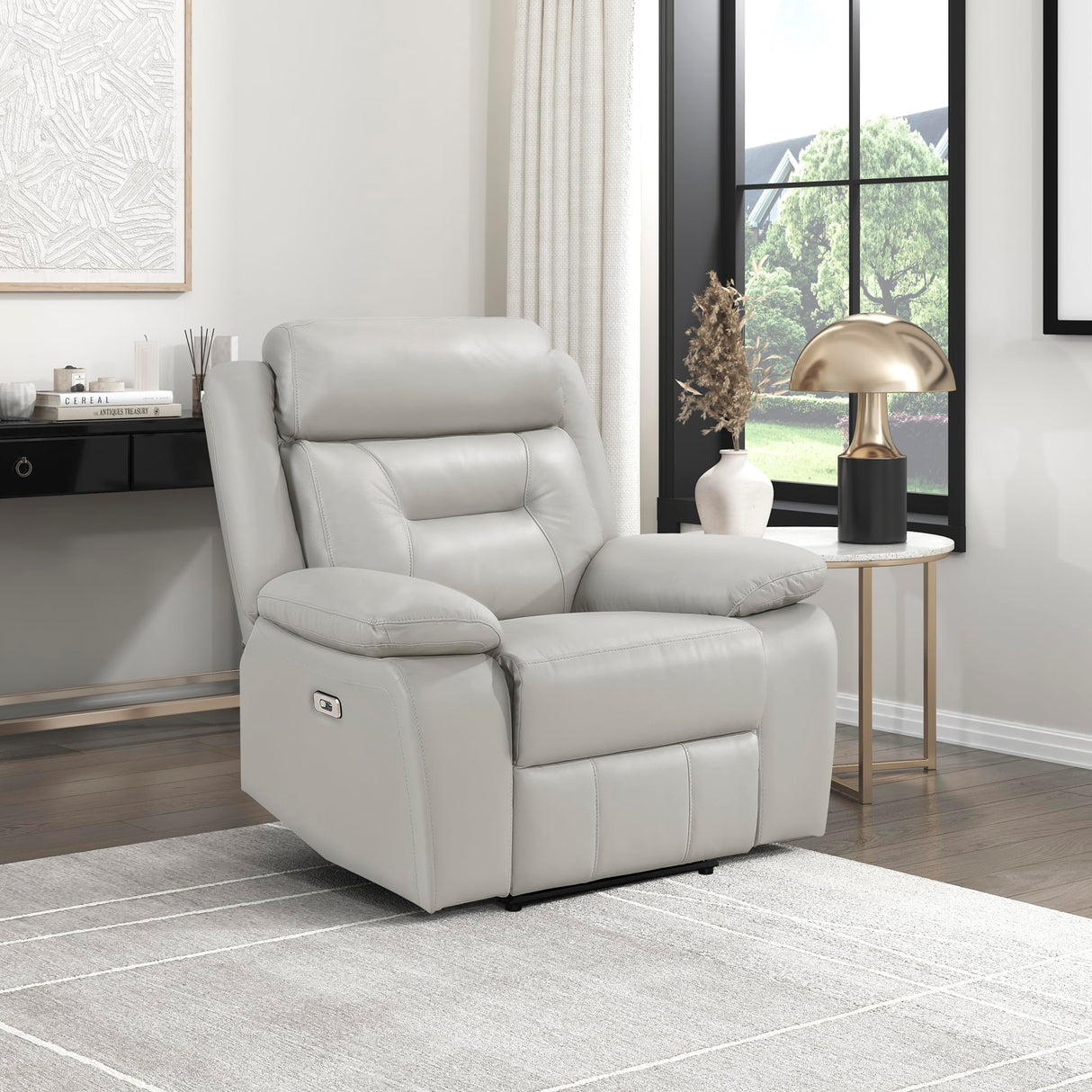 Lexicon Power Recliner Chair for Living Room, Top Grain Leather Match Recliner with Pillow Top Armrests, Home Theater Seating, Wall Hugger Recliners with USB Port, 40" W, Silver Lexicon
