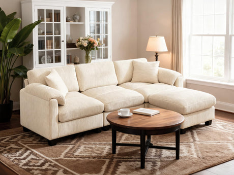 BINGTOO Beige Modular Sectional Sofa with Movable Ottoman, 90” L Shaped Comfy Cloud Couch with 2 Pillows, 3-Seater Deep Seat Sofa for Living Room or Apartment, Beige BINGTOO