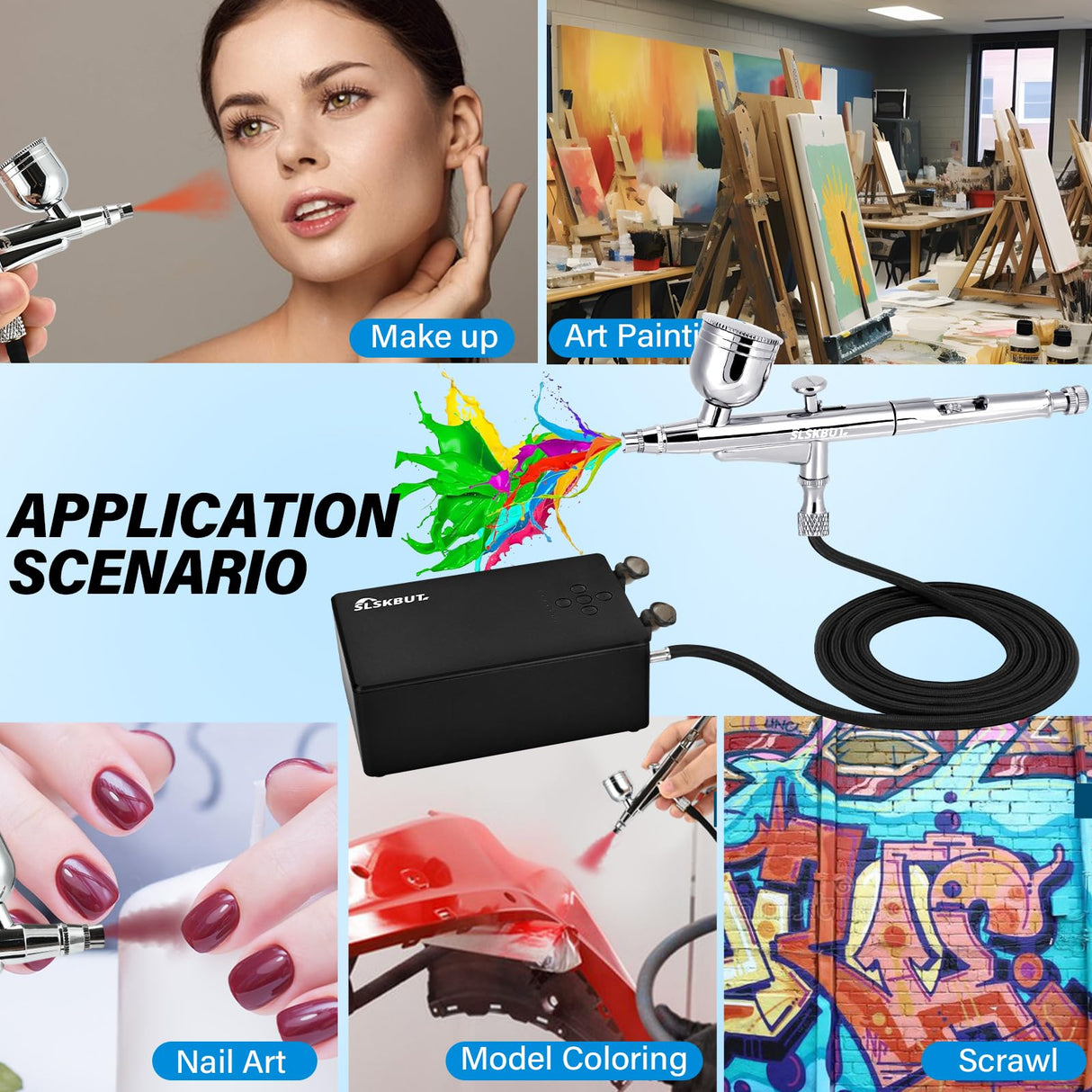 Slskbut Airbrush Kit with Air Compressor 7-Gear Adjustable, 55 PSI Professionals High-Power Air Brush Set, Dual-Action Airbrush Spray Gun Set, for Painting, Nail Art, Makeup, Model and Cake Coloring SLSKBUT