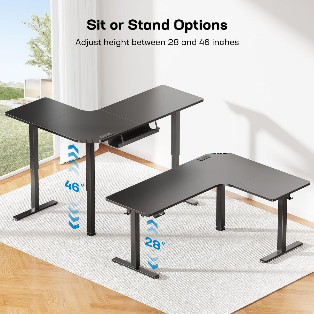 HUANUO 63″ Dual Motor L-Shaped Standing Desk, Built-in Power Outlets, Electric Height Adjustable Corner Computer Desk, Large Power Strip Holder, Sit Stand Up Desk with 3 Preset Heights, Black HUANUO