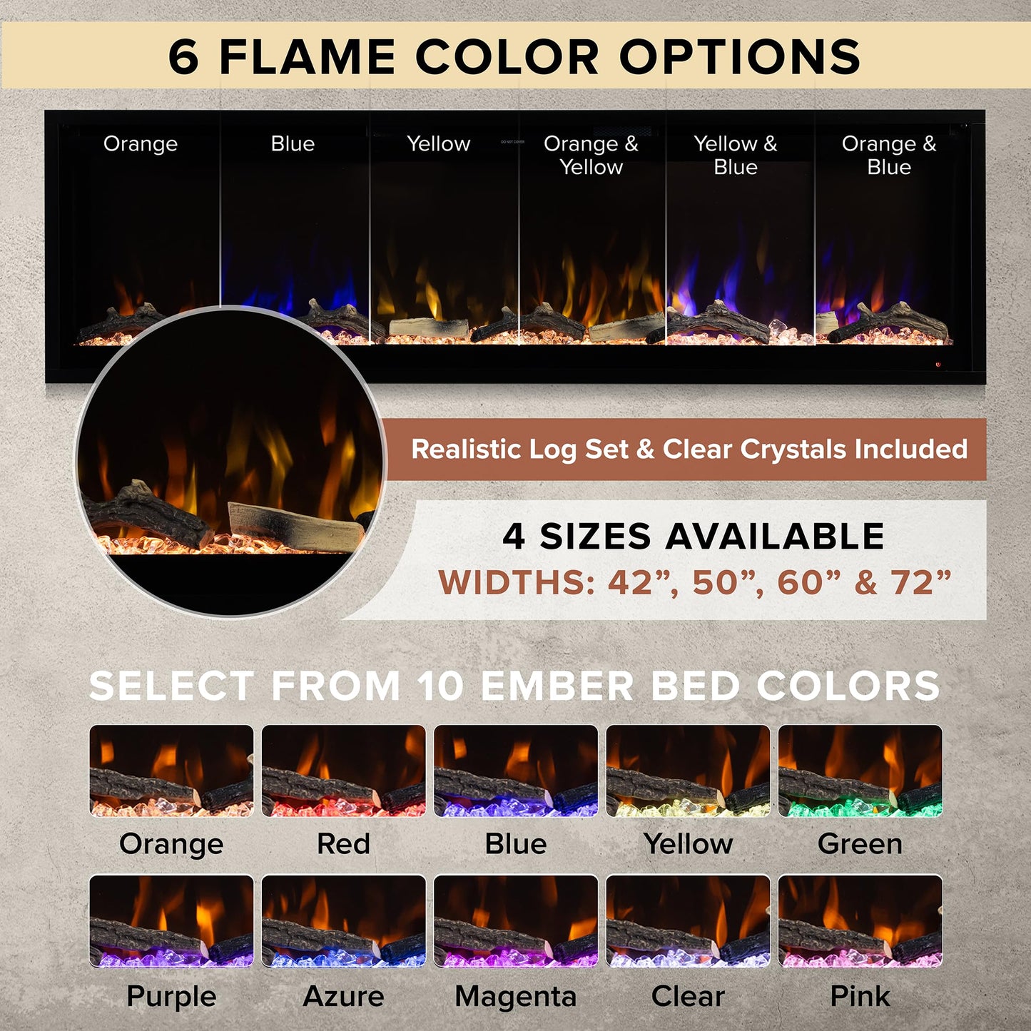 Modern Ember Aerus 72 Inch Smart Linear Electric Fireplace - Recessed in-Wall and Wall-Mount, Multiple Flame Colors, Compatible with Alexa and Google Assistant, Black