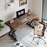 QZYJKJ Solid Wood Computer Desk Study Office Desk 55" Writing Desk, Modern Simple Style PC Table, Black Metal Frame, Solid Wood Planks 55" D x 27" W x 29" H for Home Office Bedroom,Rustic Brown QZYJKJ
