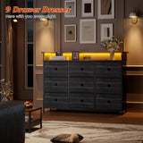 Nicehill Balck Dresser for Bedroom,9 Drawer Fabric Dresser with LED Light,TV Stand for Bedroom with Charging Station,Chests of Drawers for Living Room Hallway,Closet（Black Wood Grain Nicehill