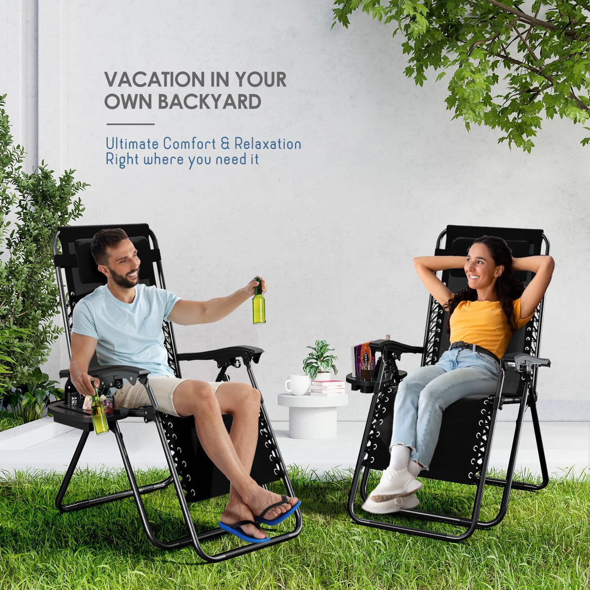 Nestl Zero Gravity Chairs Set of 2, Patio Lounge Chair Outdoor with Pillows & Cup Holder Trays, Adjustable Steel Mesh Reclining Camping Chair, Folding Patio Lawn Chair for Deck, Beach, Yard - Black Nestl