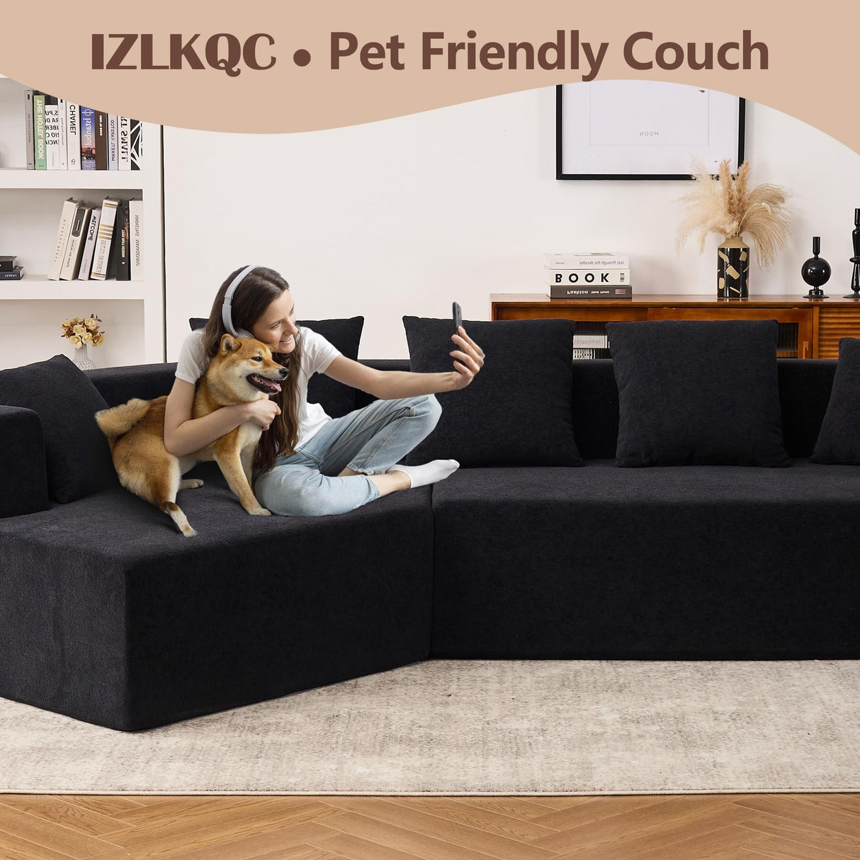 129.5" Modular Sectional Sofa, Cloud Memory Foam Couch, Modern Curved Couch Chenille Upholstered Deep Seat Sofa with 5 Pillows, No Assembly Required Oversized Corner Couches for Living Room (Black) IZLKQC