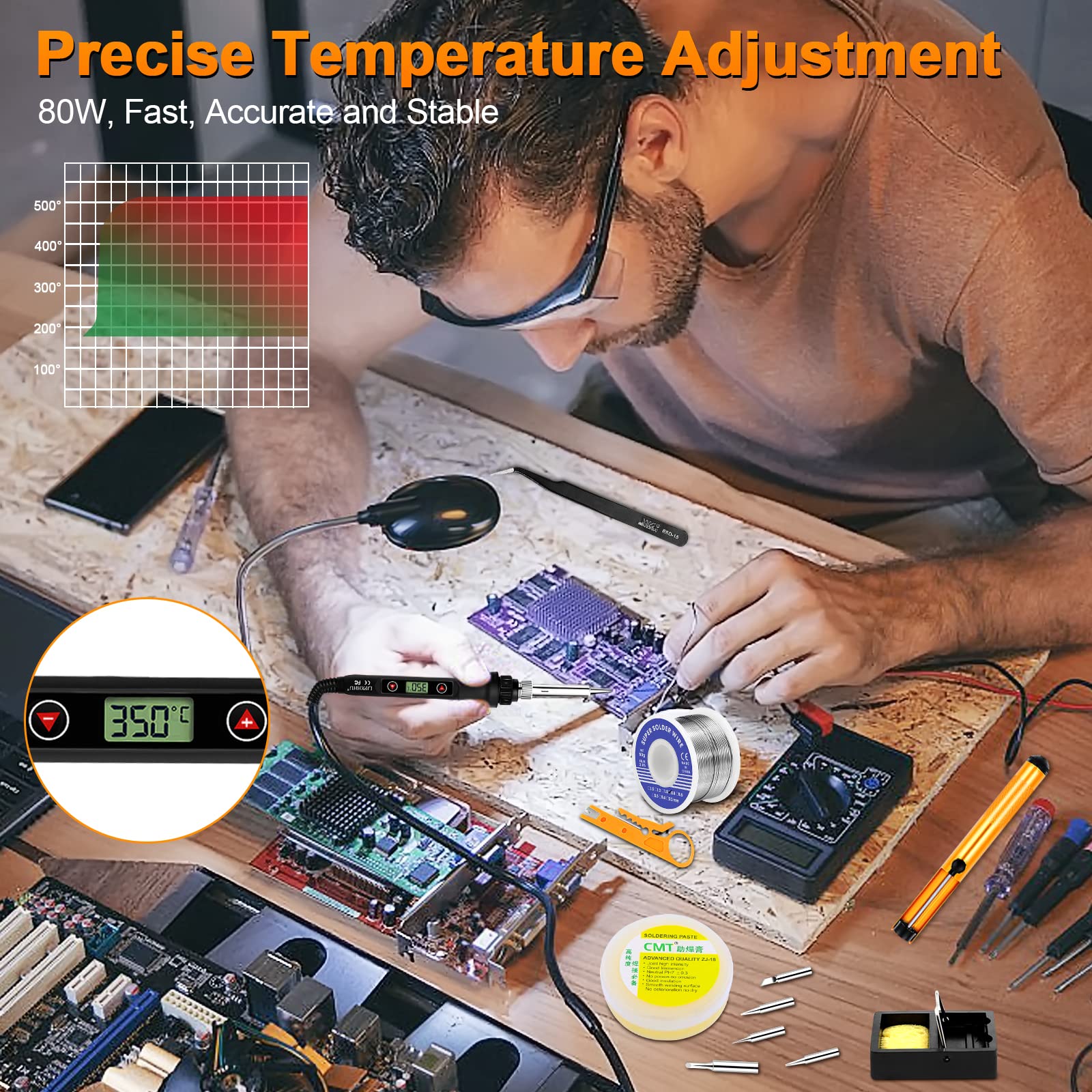 80W Soldering Iron Kit With Adjustable Temperature - 13-in-1 Set With Stand, Tips, Solder & More