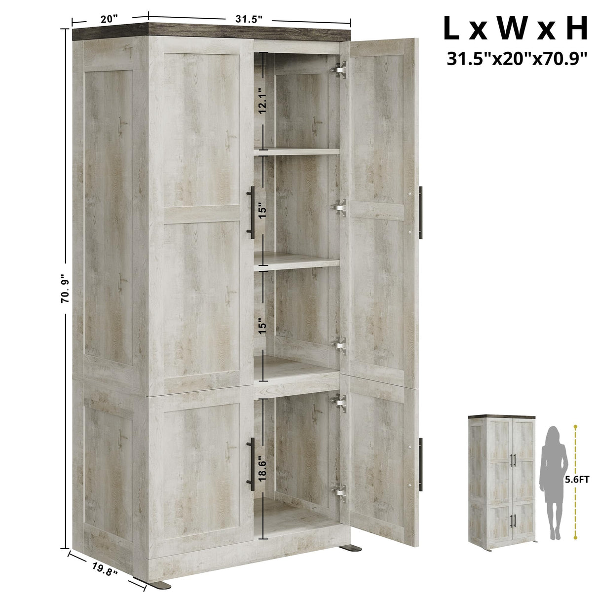 LIKIMIO Large Wardrobe Closet, Farmhouse Clothing Storage Cabinet with Hanging Rod and 2 Doors, Wooden Tall Bedroom Armoires with Storage Shelves, Rustic White LIKIMIO